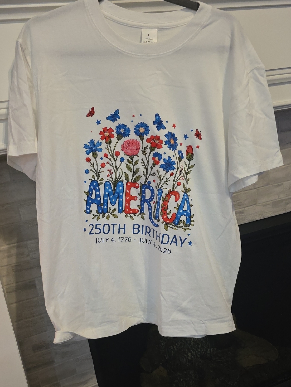 America 250th Birthday Graphic Tee - White with Red & Blue Floral Print